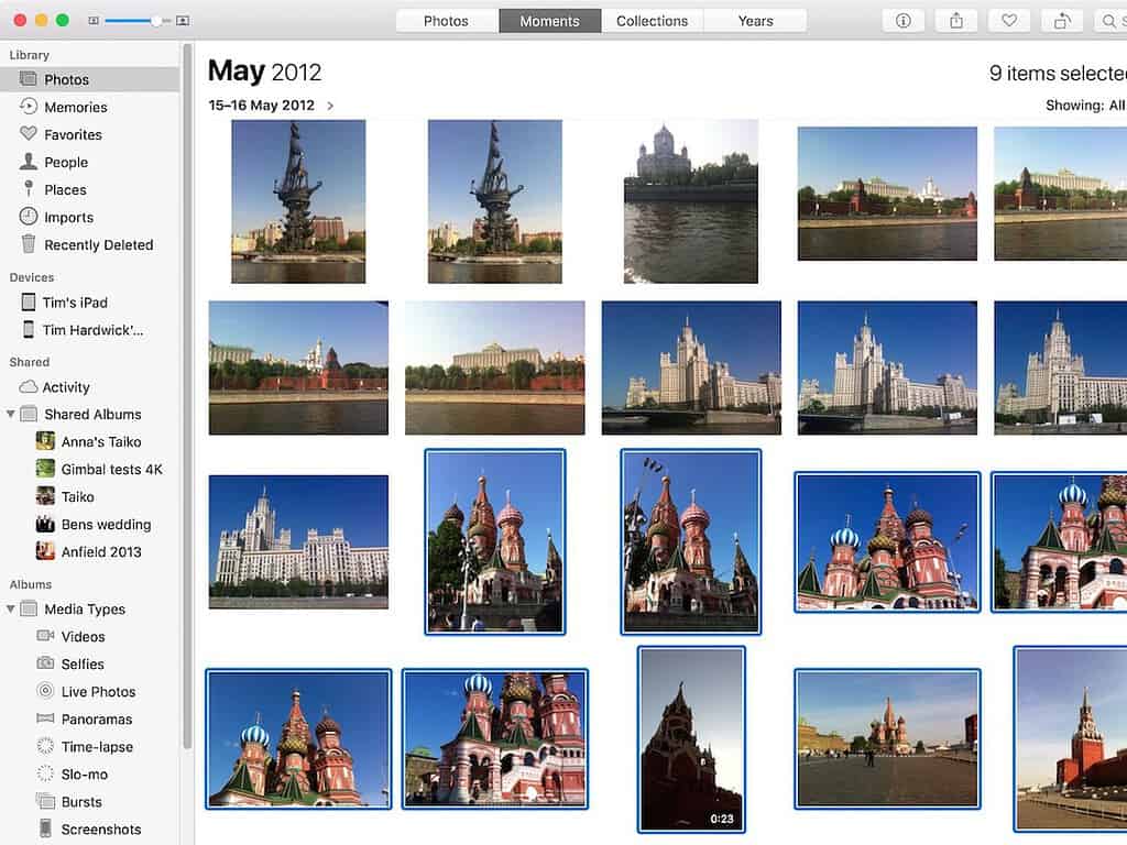 Photos app in “Moments” view showing 9 selected images from “May 2012,” featuring landmarks in Moscow including St. Basil’s Cathedral and the Kremlin.