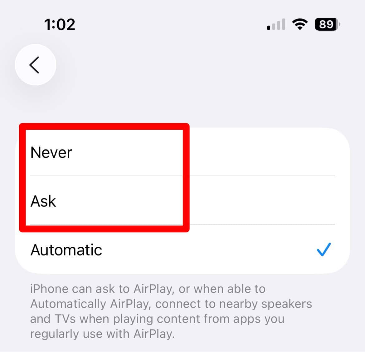 Setting AirPlay to not automatically connect on iPhone