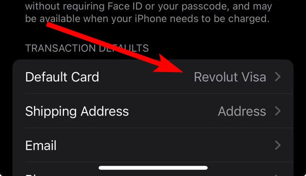 Tap Default Card under Transaction Defaults in Wallet & Apple Pay settings