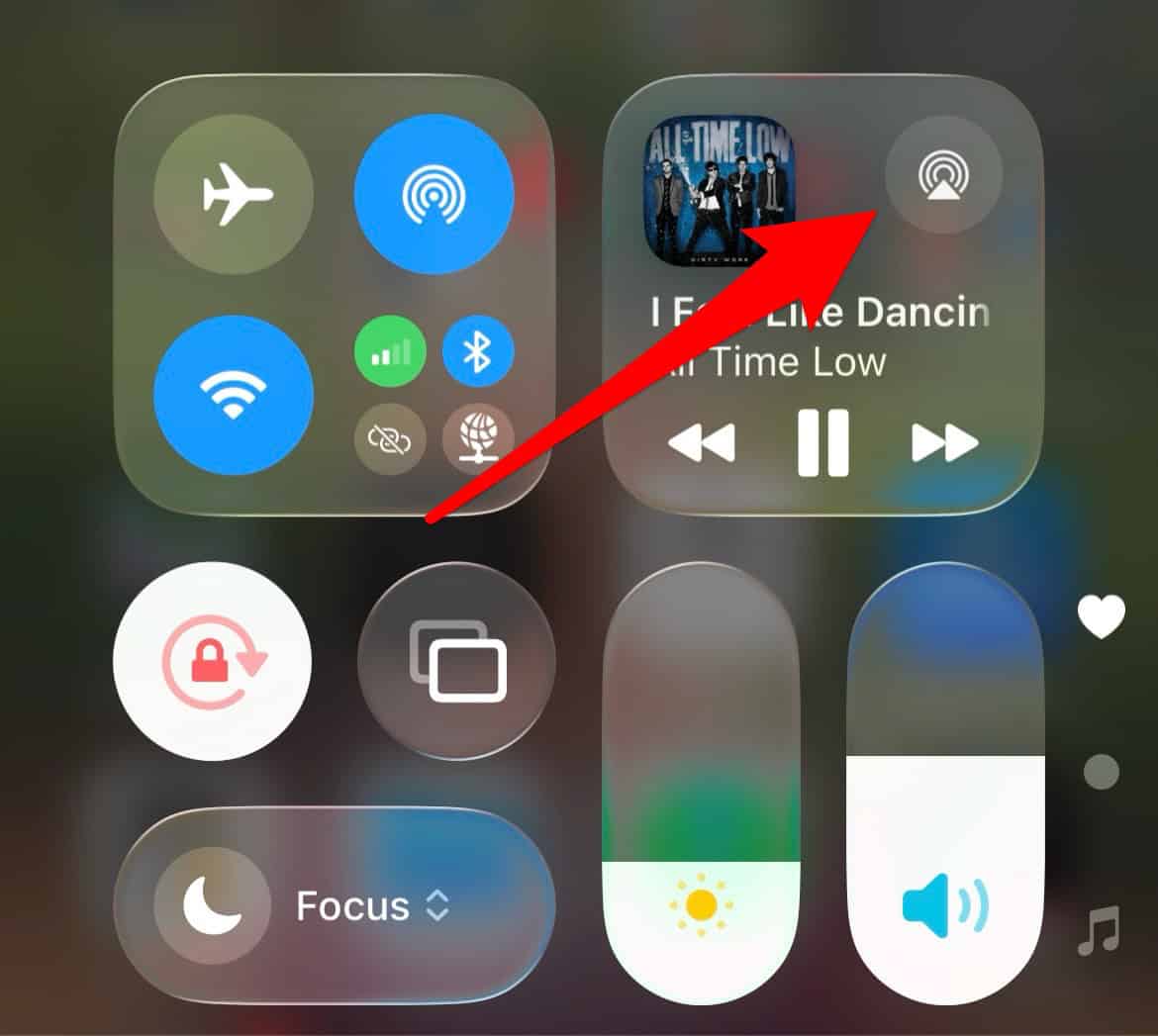 The AirPlay icon in the media controls of the Control Center on iPhone