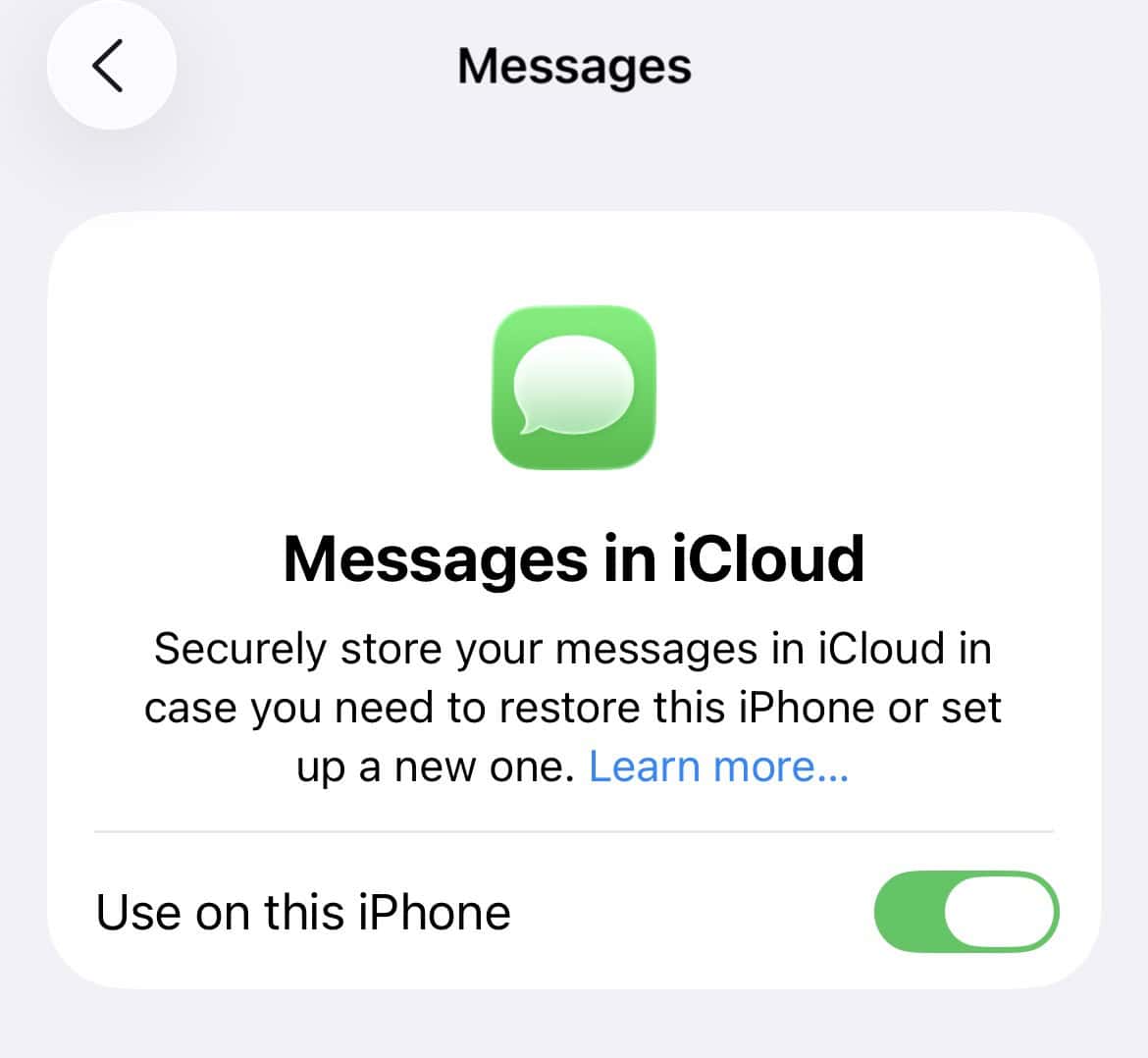 The Messages in iCloud setting on iPhone