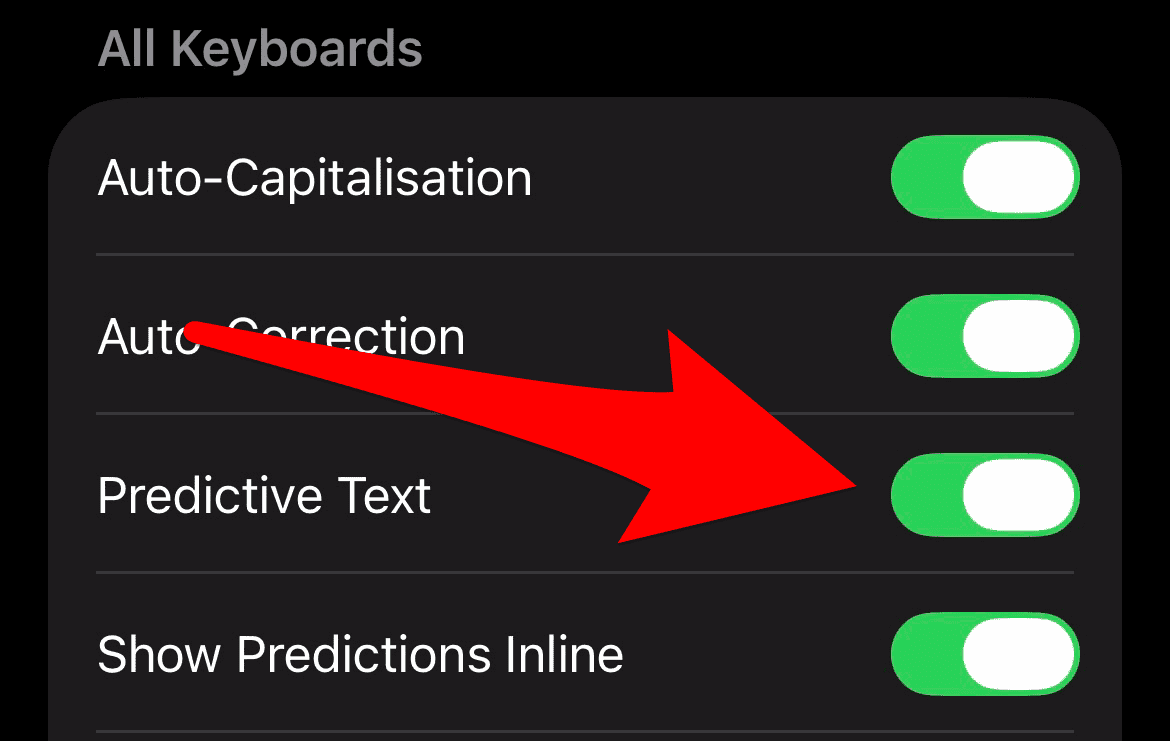 The Predictive Text toggle in the keyboard settings on iPhone