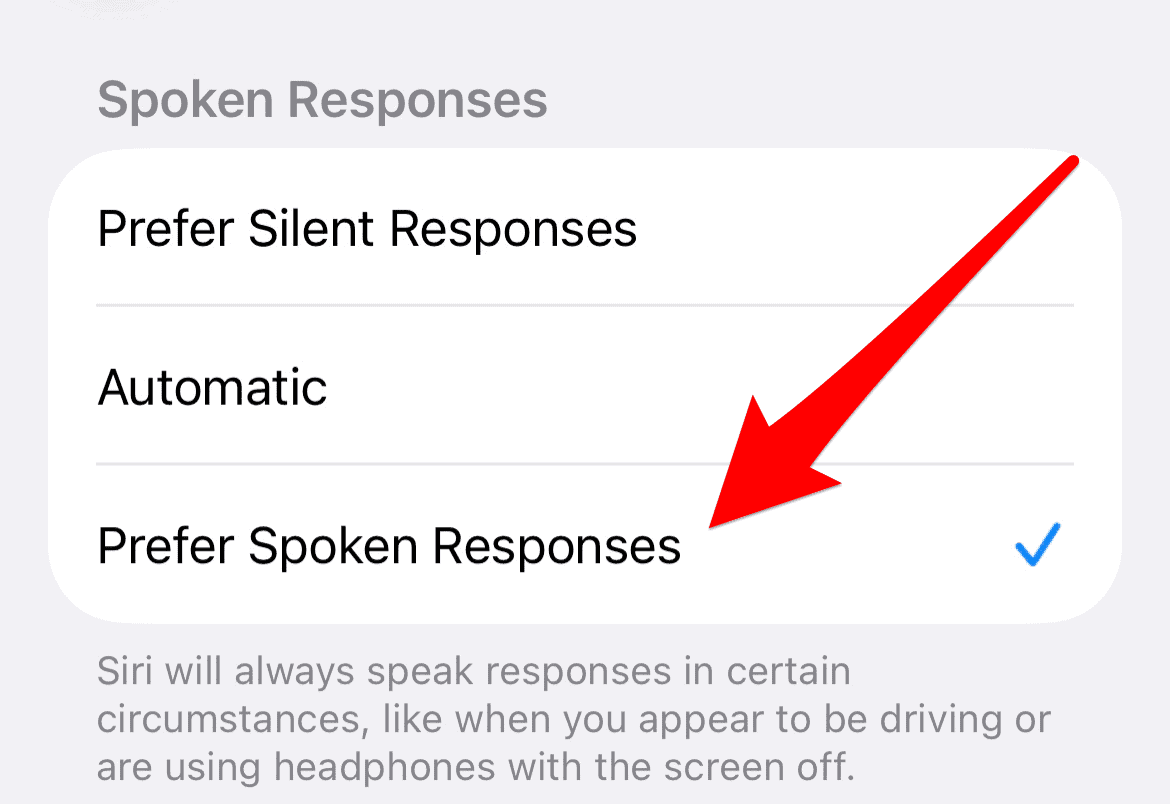 The Prefer Spoken Responses option in iPhone Siri settings