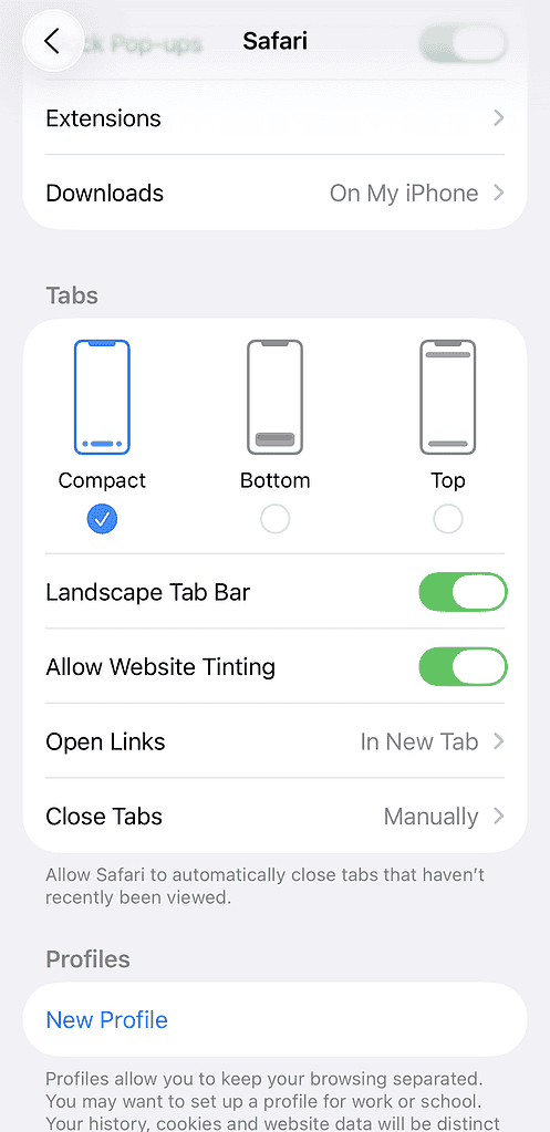 The Tabs section of Safari settings on iPhone