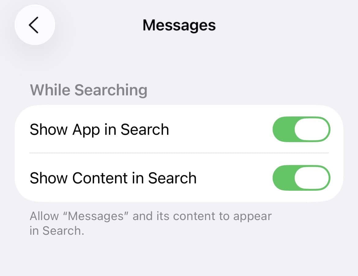 The While Searching toggles for the Messages app in the Siri Search settings