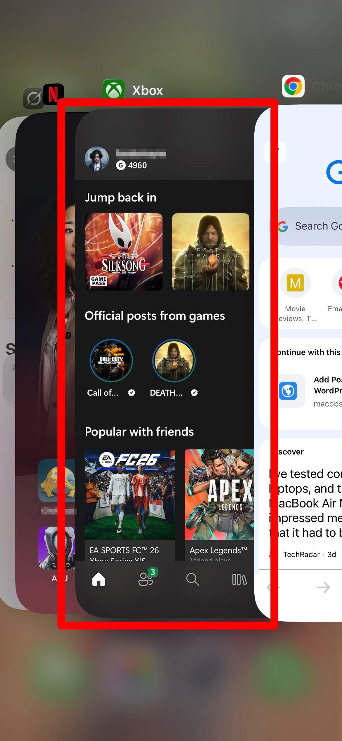 The Xbox app in card view on iPhone