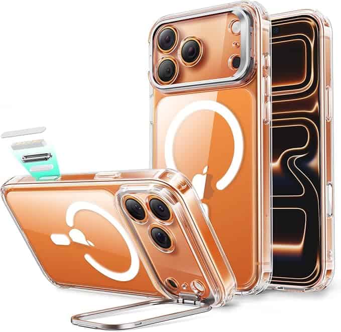 An iPhone 17 Pro Max in an ESR ArmorKick Magnetic Kickstand Case