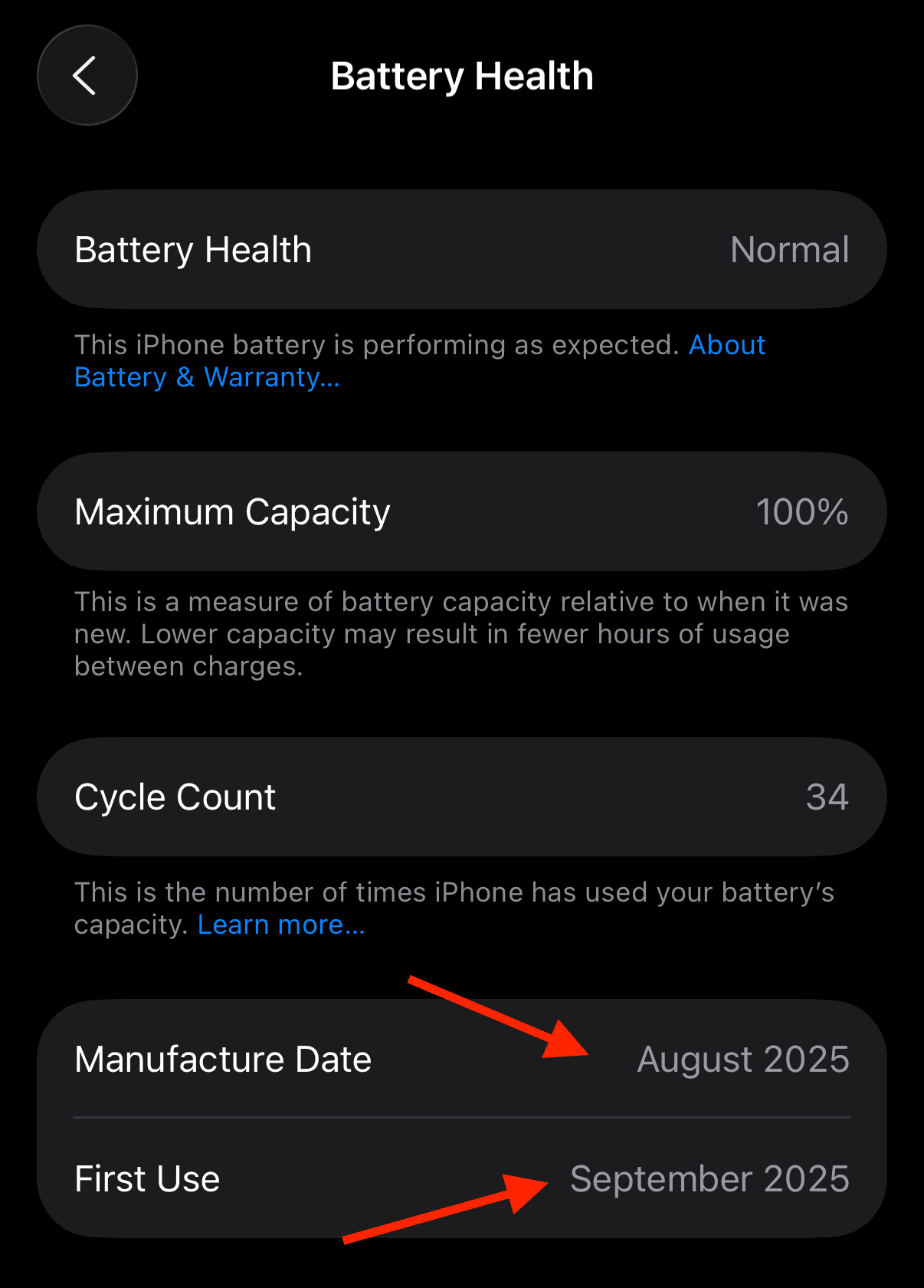 Find manufacturing date in battery health settings