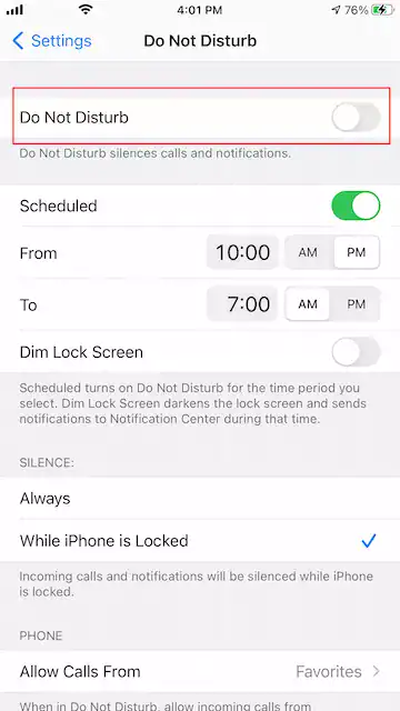 Do not disturb iPhone settings