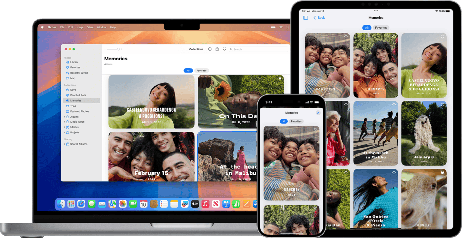 Apple Photos Memories feature displayed across Mac, iPad, and iPhone screens, showing personalized photo collections with faces, locations, and dates.