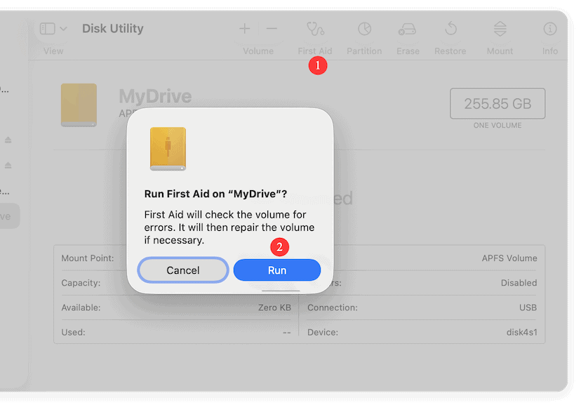 First aid disk recovery drive interface