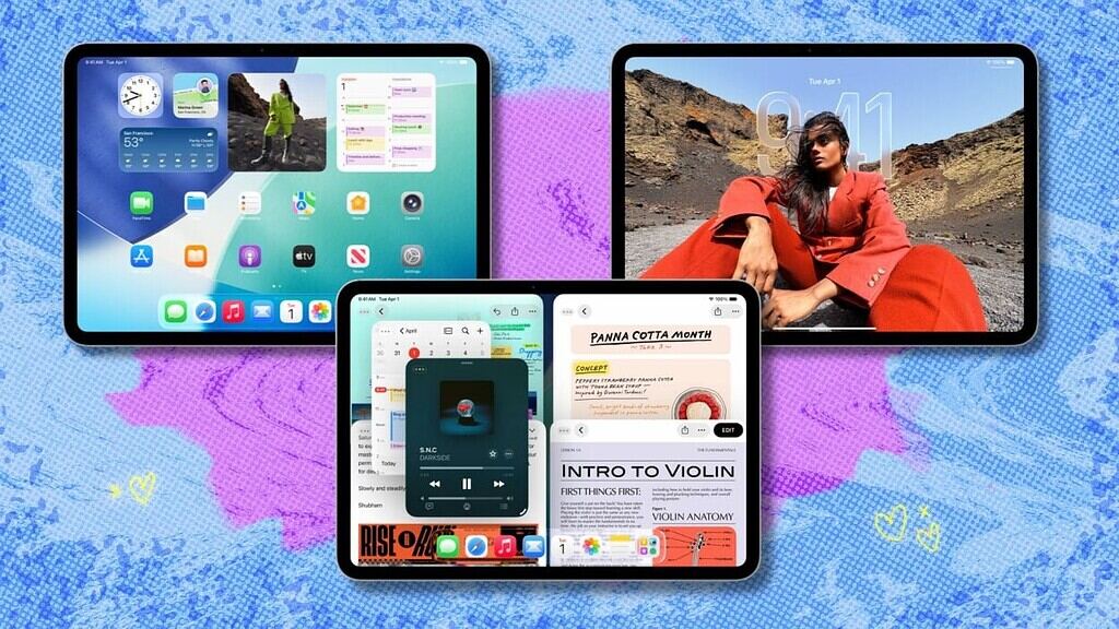 Drie iPads gerangschikt op een kleurrijke abstracte achtergrond, met startschermen, widgets, en multitasking-weergaven met muziekspeler en artikelindelingen in iPadOS 26.