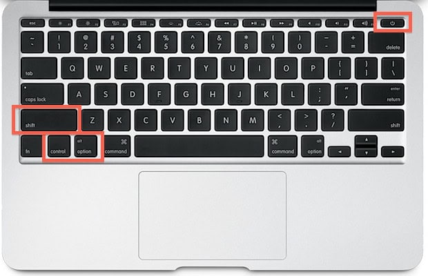 Top view of a laptop keyboard, highlighting the Shift, Control, Option keys, and power button in red boxes.