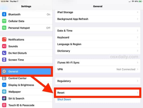 iPad Settings screenshot highlighting “General” in the sidebar and “Reset” option in the main menu — red box and arrow emphasize navigation to reset settings.