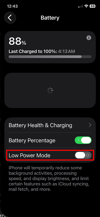 iPhone 11 iOS 26 Battery Settings Low Power Moode highlighted