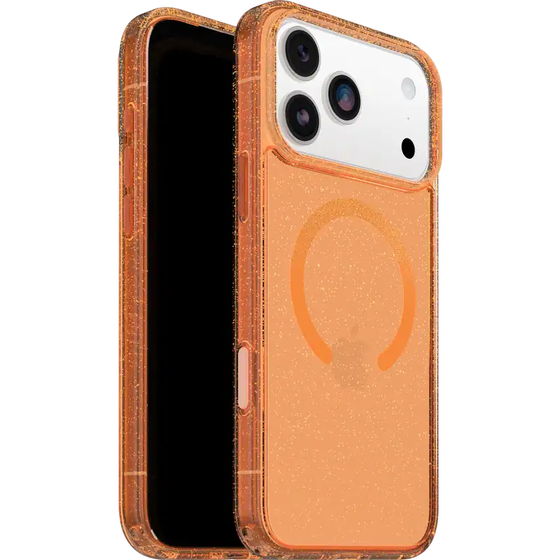 An iPhone 17 Pro Max with an OtterBox Symmetry Series Clear Case