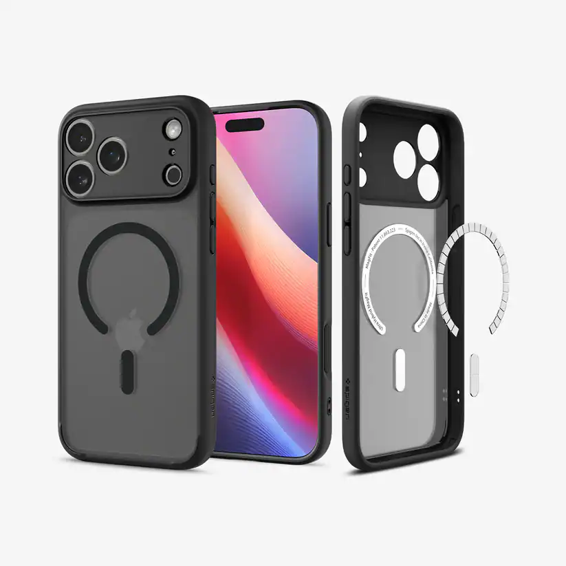 An iPhone 17 Pro Max with a Spigen Ultra Hybrid MagFit