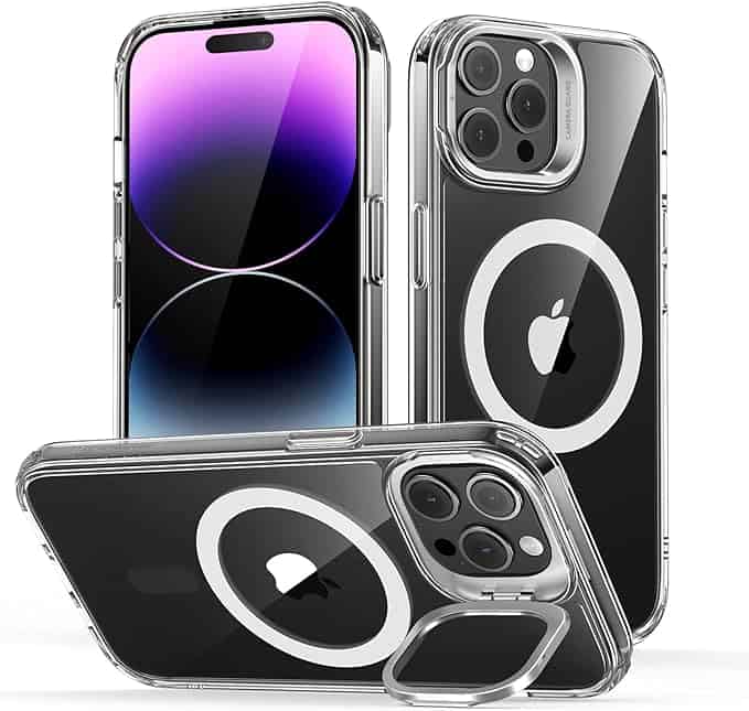 An iPhone 17 Pro Max with an ESR Clear Case with Kickstand