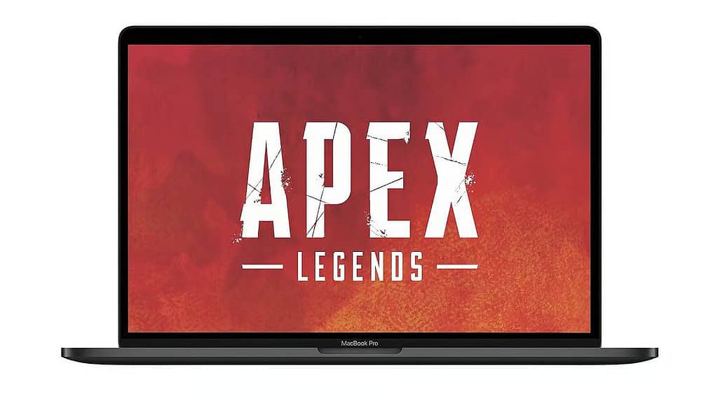 A MacBook Pro displaying the “APEX LEGENDS” title screen on a fiery red-orange background.