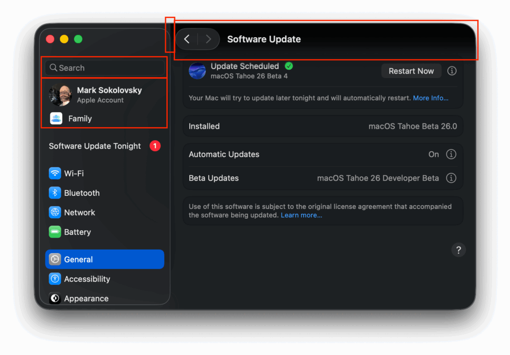 macOS Software Update screen in dark mode, highlighting “macOS Tahoe 26 Beta 4” as scheduled to install, with user profile and General settings visible in sidebar.
