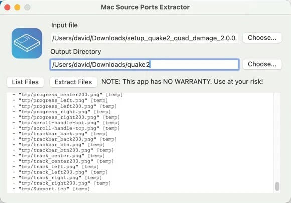 Mac Source Ports Extractor window, showing file paths for input (Quake II setup) and output directory, with list of extracted assets and warning note about no warranty.