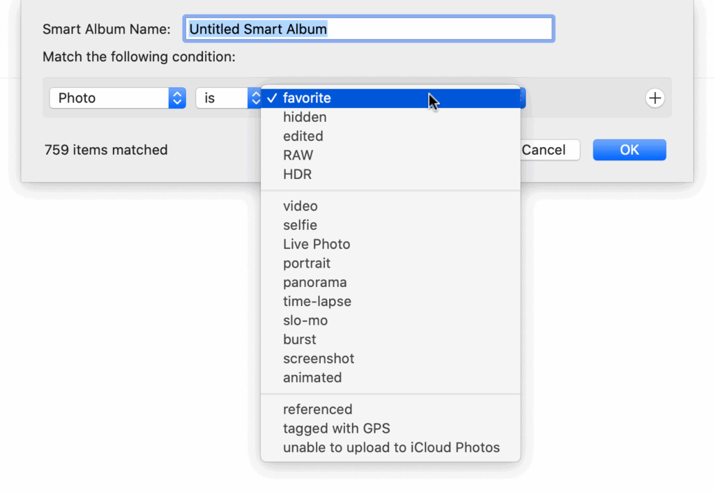 Smart Album creation window in Photos app — dropdown menu shows “favorite” selected as the condition to match, with 759 items matched.