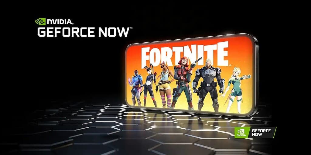 NVIDIA GeForce Now promotional graphic featuring Fortnite characters on a glowing screen, set against a dark hexagonal floor with GeForce Now logos in corners.