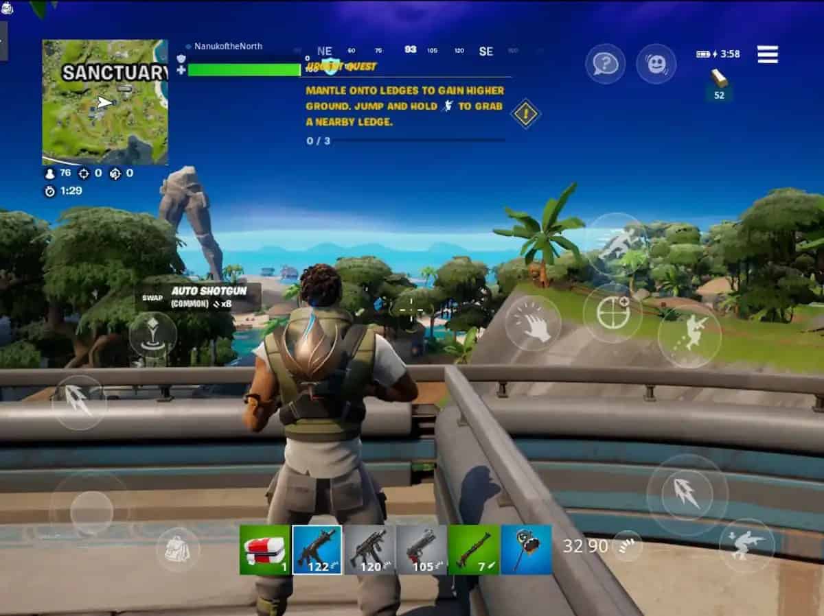 Fortnite gameplay on mobile: third-person view of a character on a bridge, with on-screen controls, mini-map, and quest prompt to “Mantle onto ledges.”