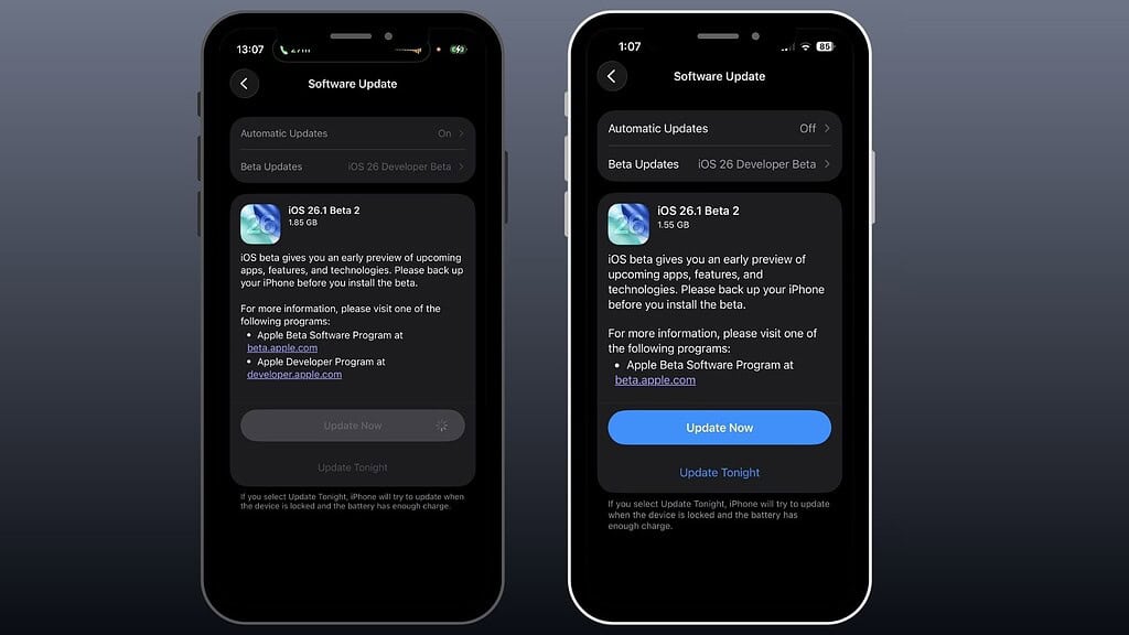 iOS 26.1 beta 2 downloadgrootte