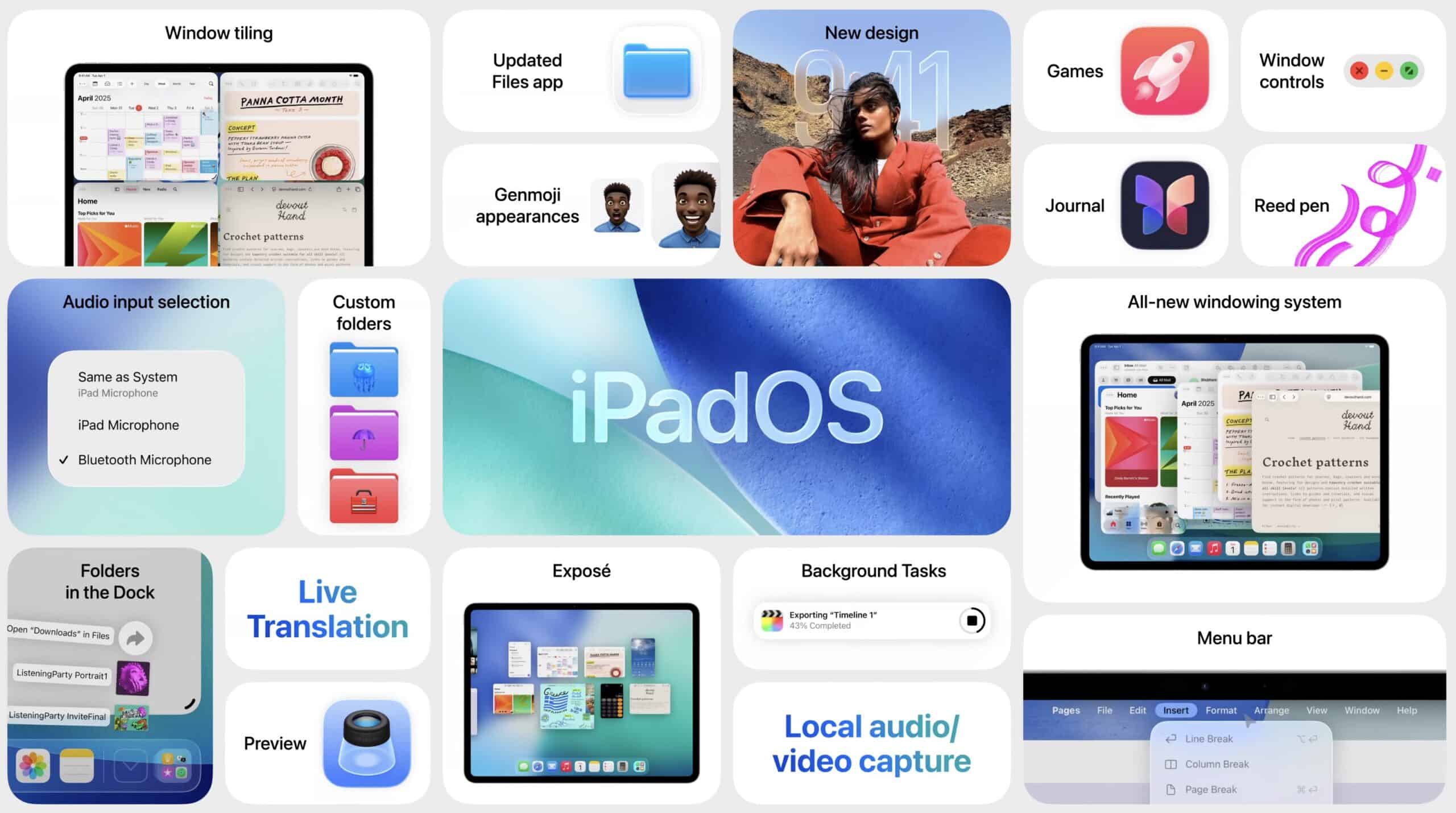 Collage showcasing iPadOS 26 features: window tiling, updated Files app, Genmoji, Live Translation, Exposé, Background Tasks, and new menu bar, centered around the iPadOS logo.