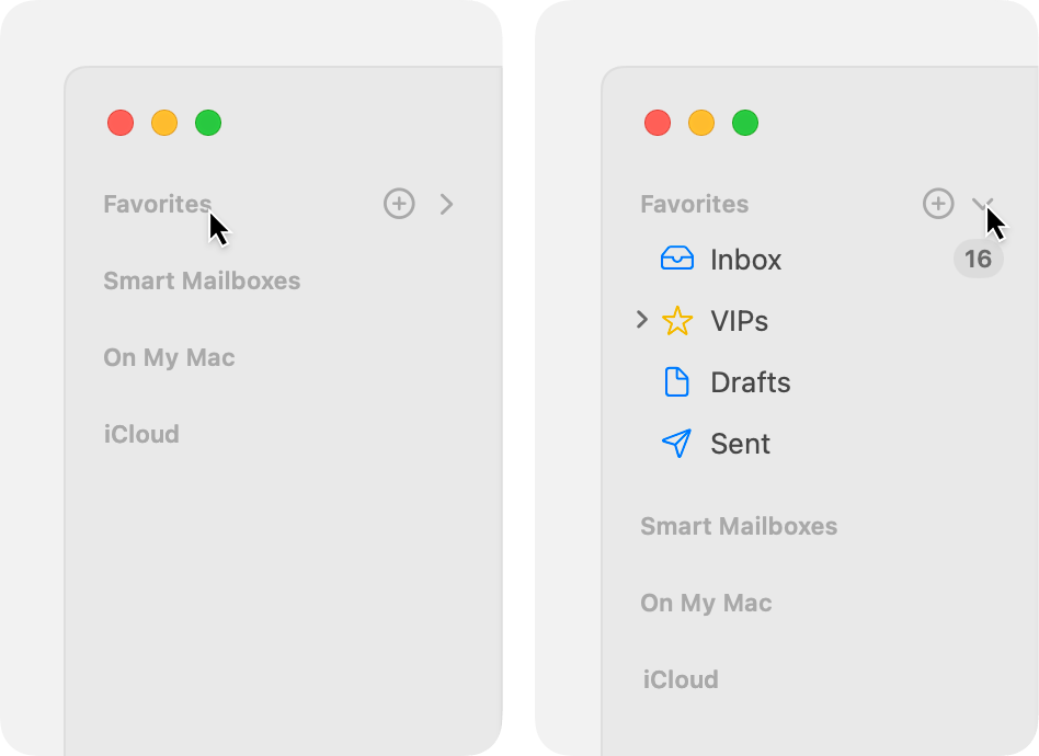 macoS Mail sidebar with the Favorites section opened and closed