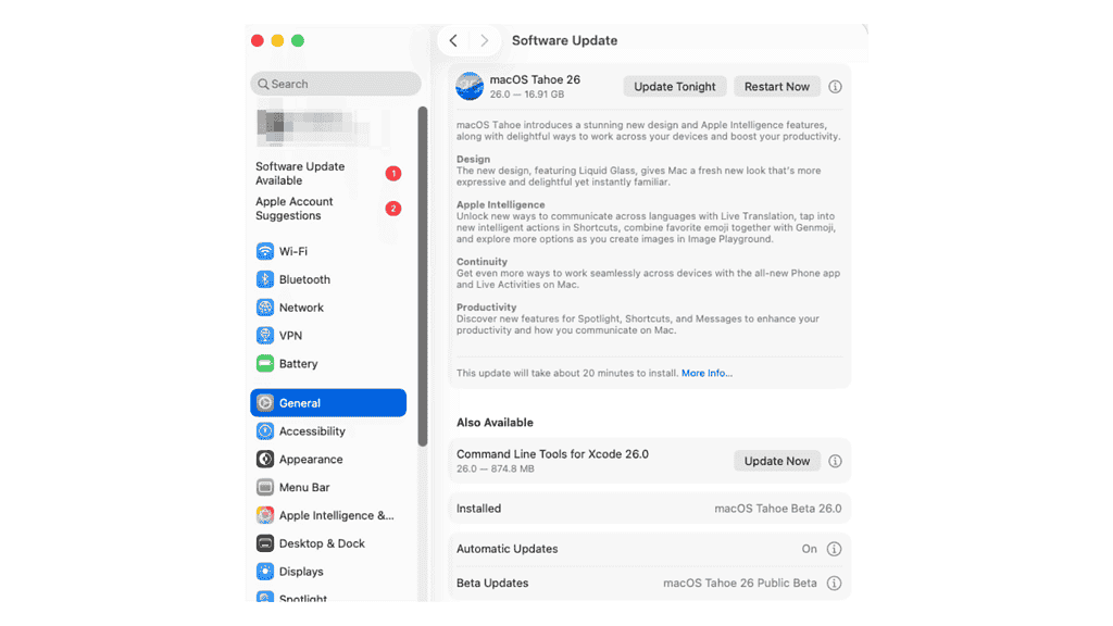 Screenshot of a macOS software update panel showing update options, features, and suggestions for Apple accounts and connectivity settings.