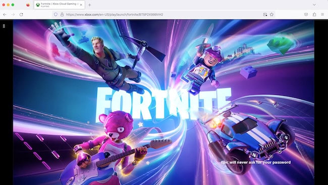 Browser window showing the Xbox Cloud Gaming page for Fortnite, featuring characters in action against a vibrant purple and blue backdrop with the text “Epic will never ask for your password.”