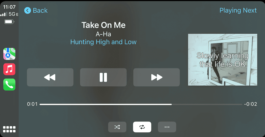 Music player interface displaying "Take On Me" by A-Ha, with playback controls and an illustration featuring the text, "Slowly learning that life is OK."
