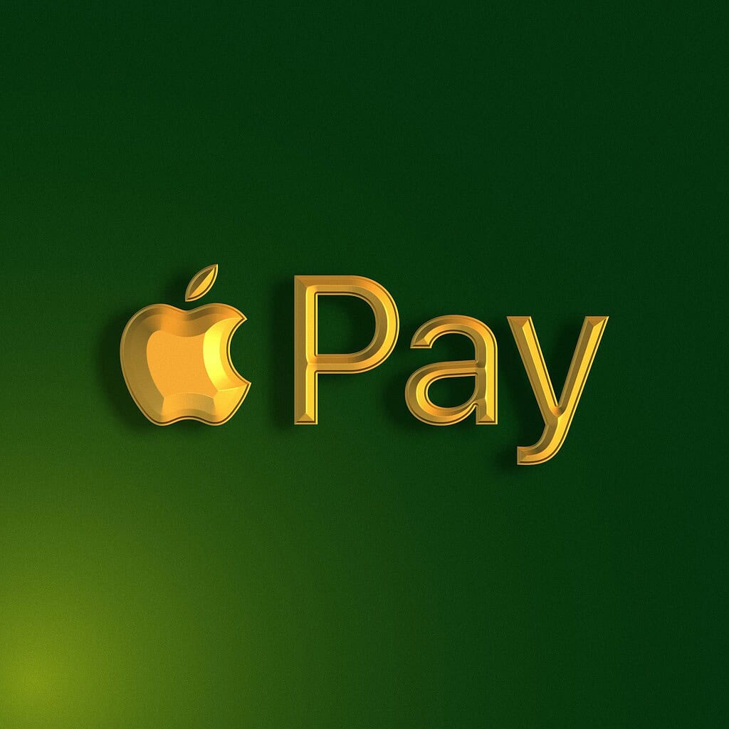 Stylized gold "Apple Pay" logo set against a deep green background, representing digital payment technology.