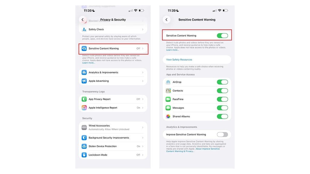 apple sensitive content warning settings on iphone