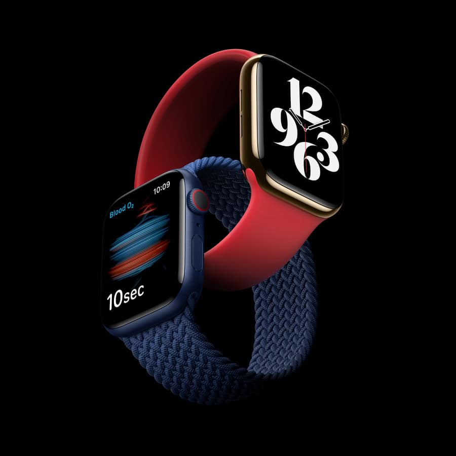 Apple Watch Series 6 with red and blue bands