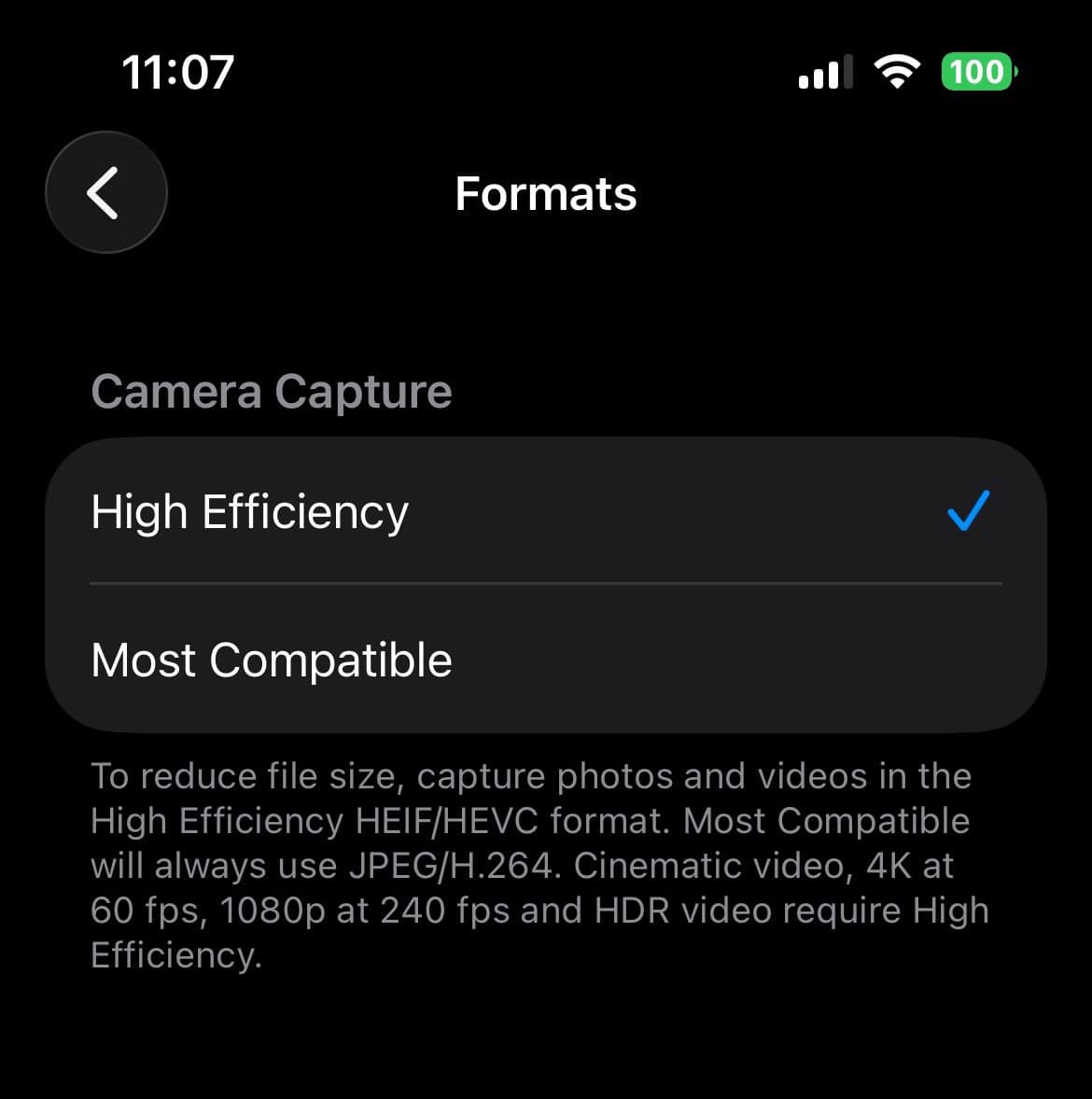 Camera formats in iPhone settings