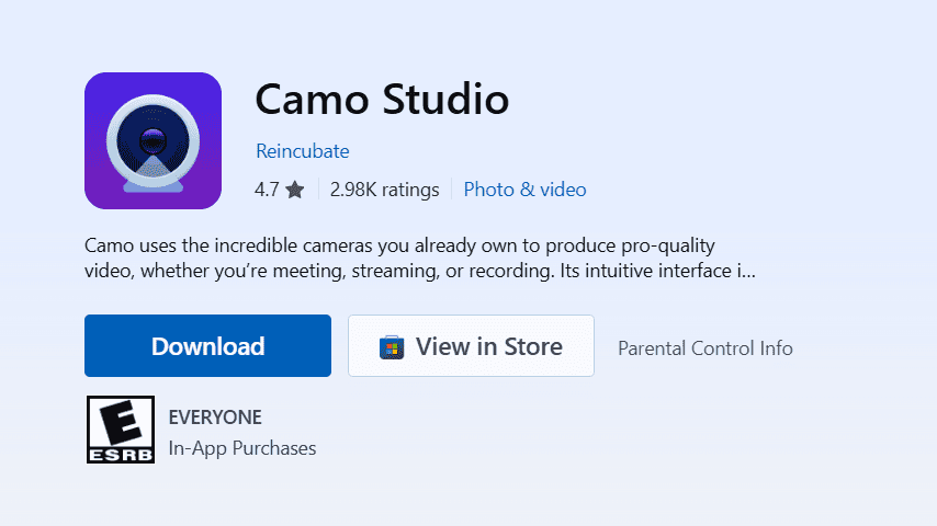 Camo Studio on the Microsoft Store website