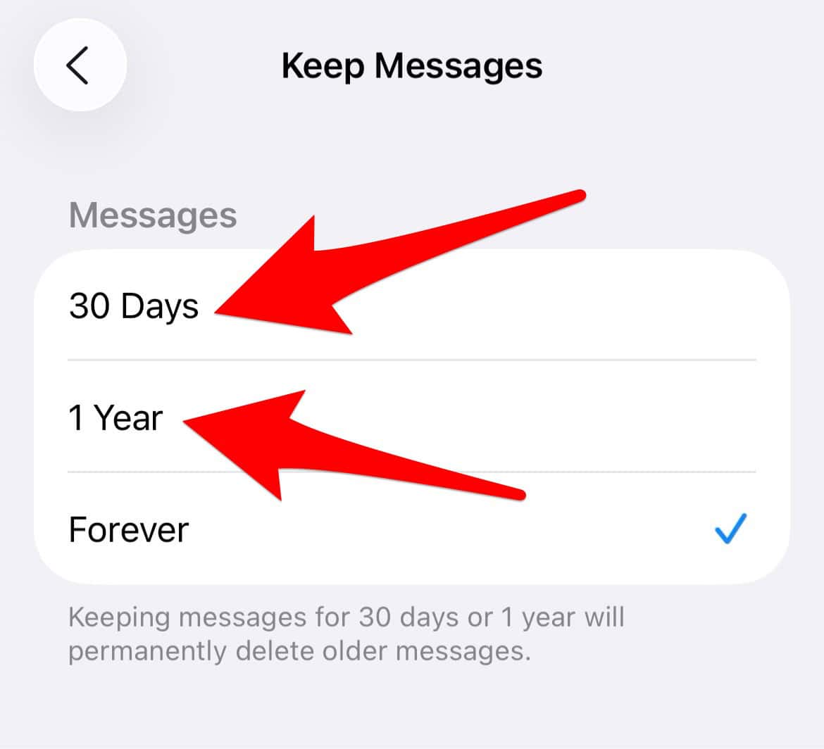 Changing Keep Messages setting in iPhone settings