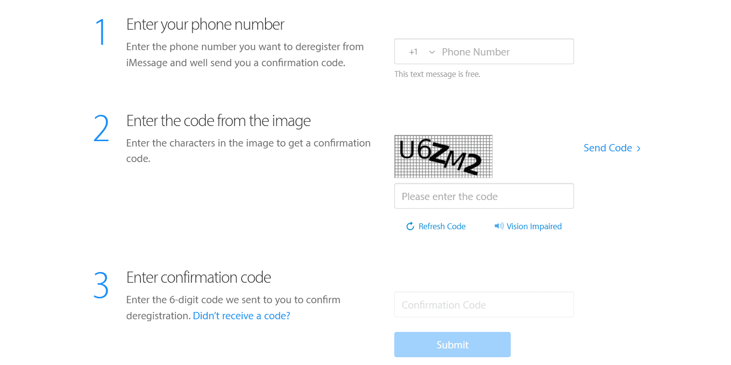 Deregistering iMessage on the webiste