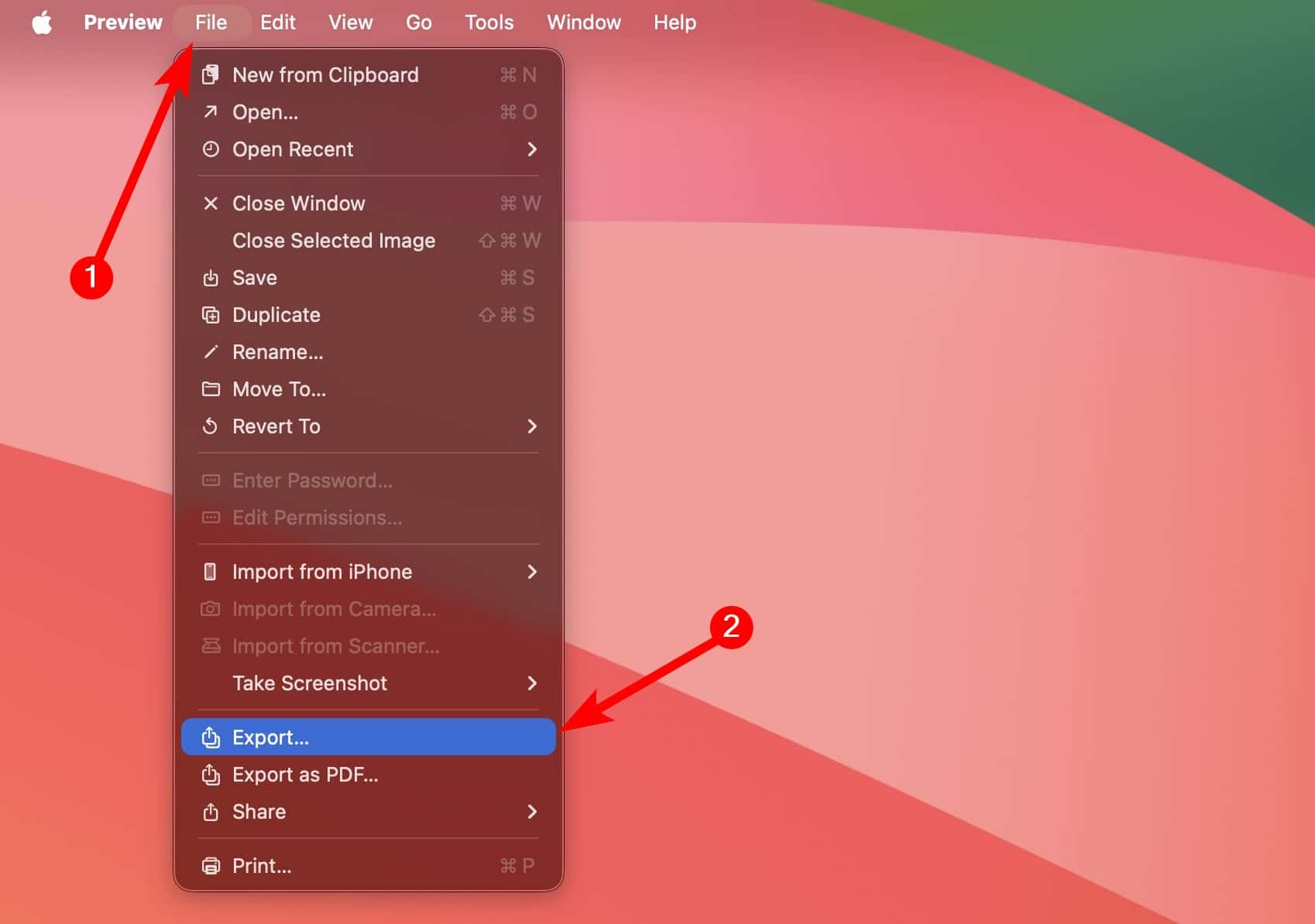 Export option in the Preview app on Mac