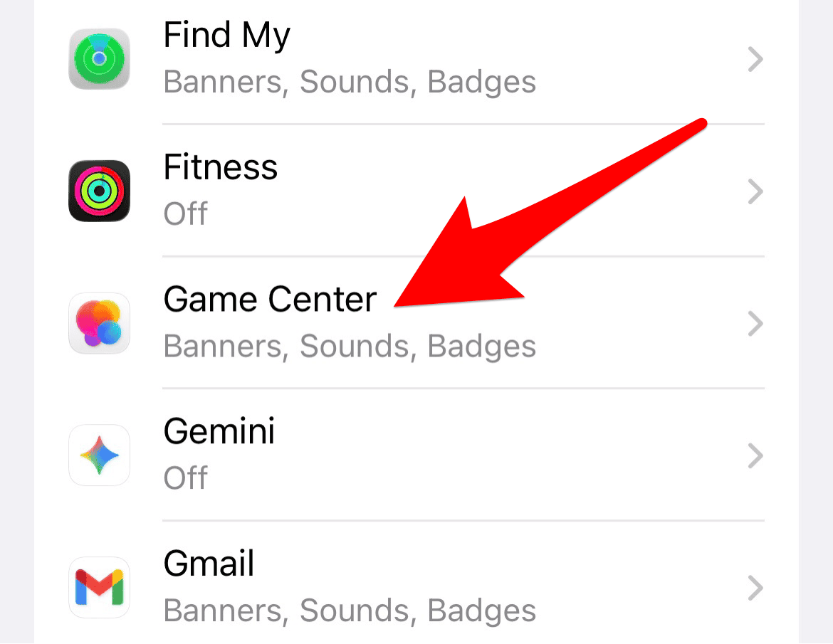 Game Center in notification settings on iPhone