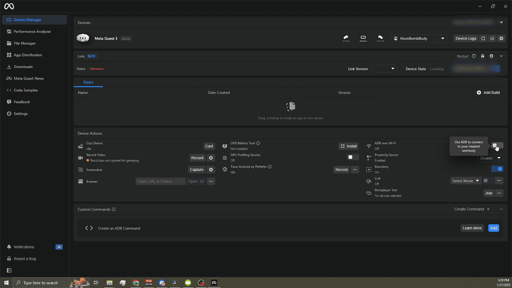 Meta Quest Developer Hub Dashboard