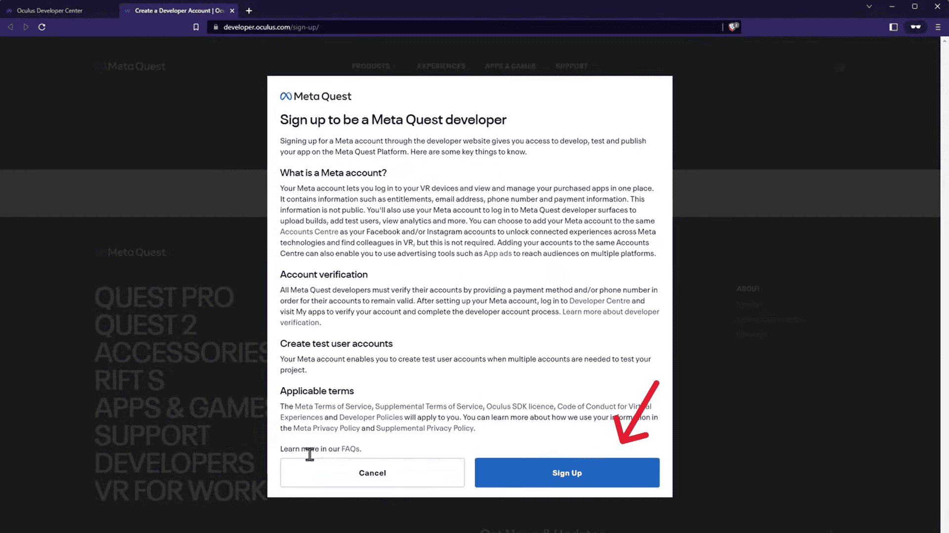 Meta quest developer signup