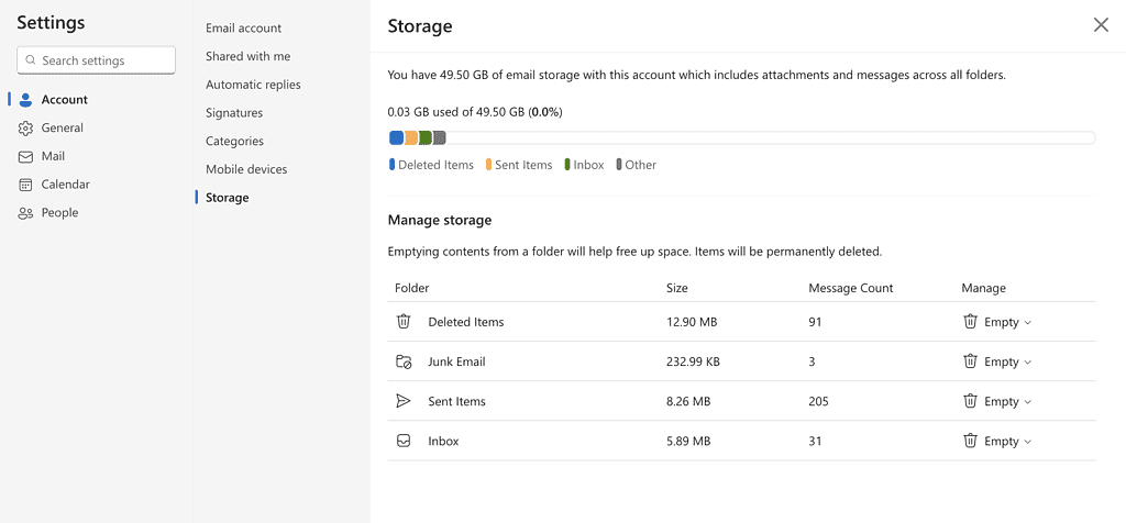 outlook storage