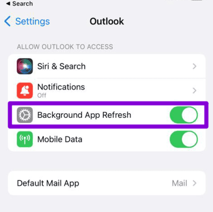 Outlook background app refresh