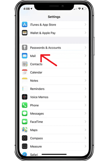 Select Mail in iPhone Settings