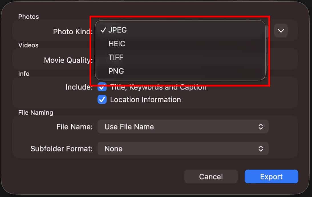 Selecting Photo kind when exporting photos in the Photos app