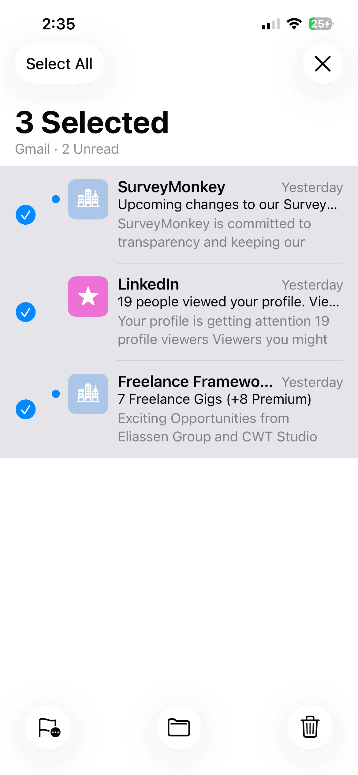 Selecting all emails in the Bin folder in Apple Mail for iPhone